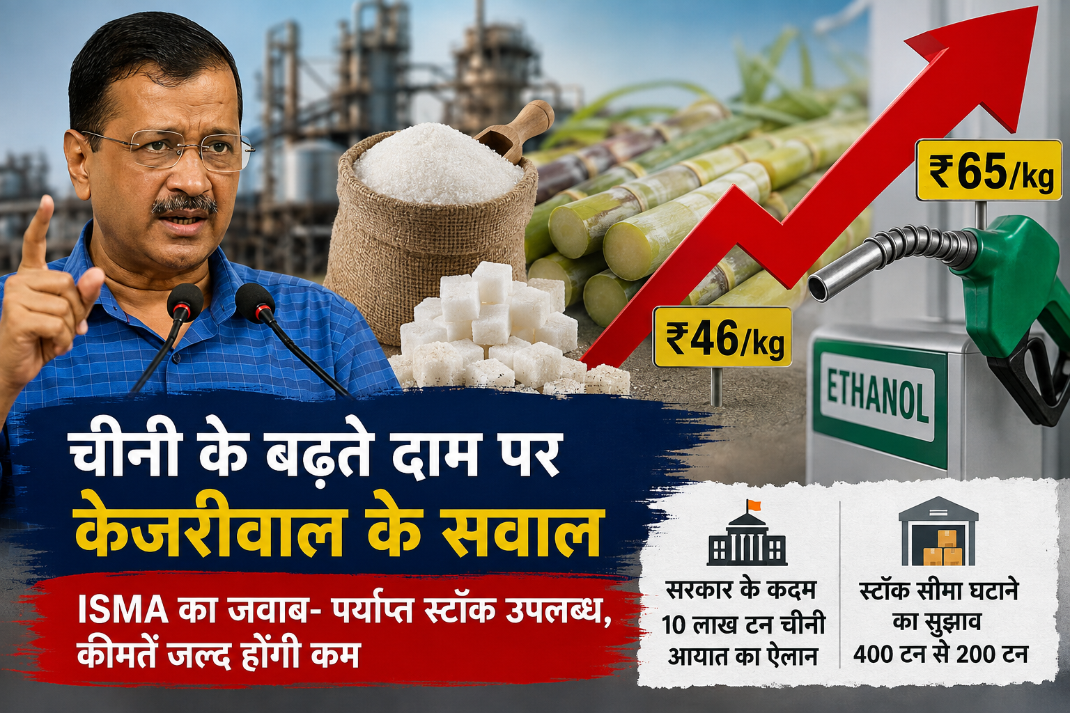 चीनी के बढ़ते दाम पर केजरीवाल के सवाल, ISMA बोला- पर्याप्त स्टॉक