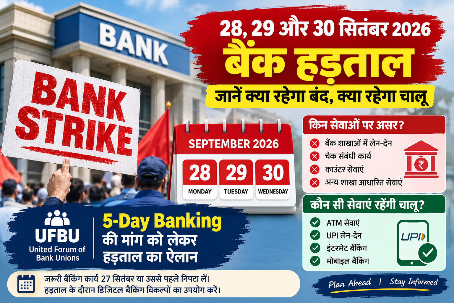 Bank Strike on September 28, 29 and 30, 2026: Full Details