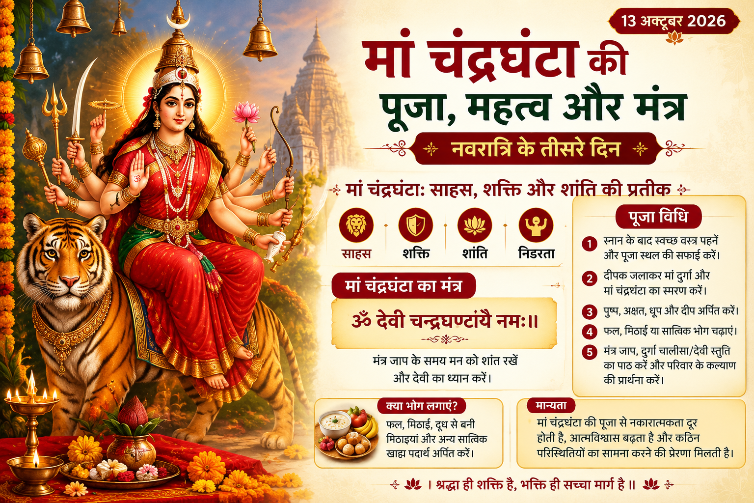 13 अक्टूबर: मां चंद्रघंटा की पूजा, महत्व और मंत्र